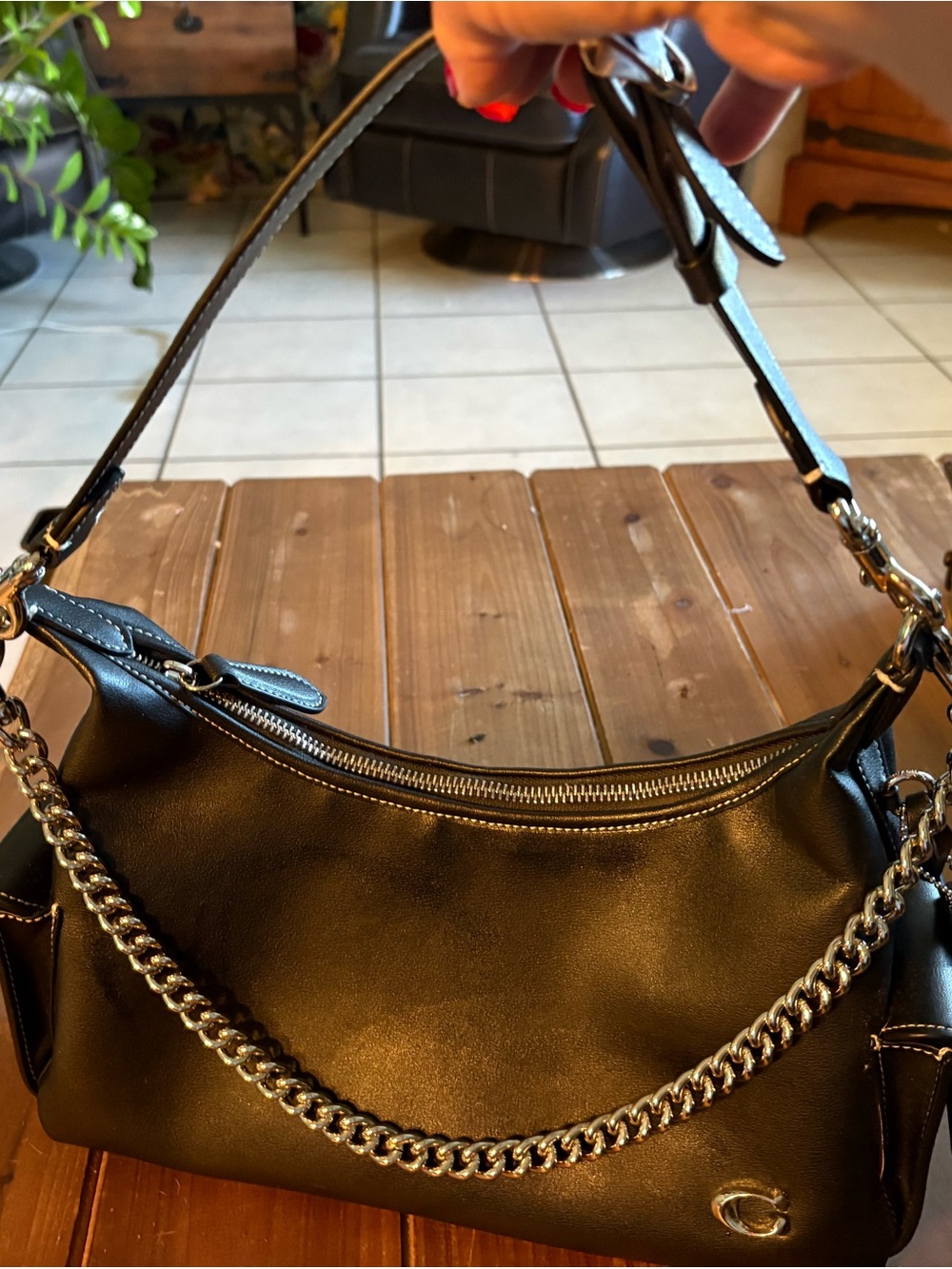 Coach Juliette Black Leather Shoulder Bag with Chain Detail - Picture 5 of 11